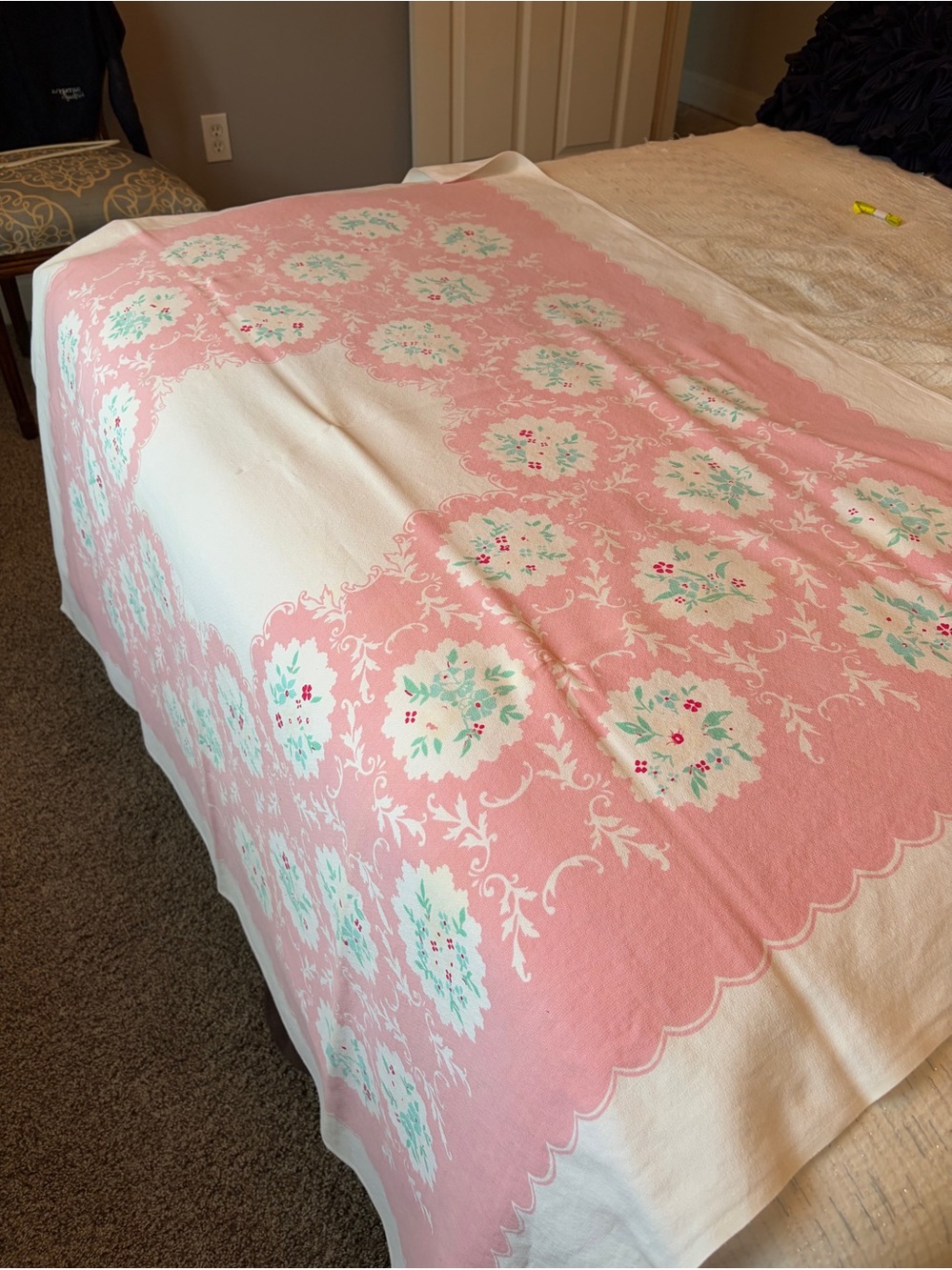 Vintage Floral Tablecloth  - Soft Pink & White